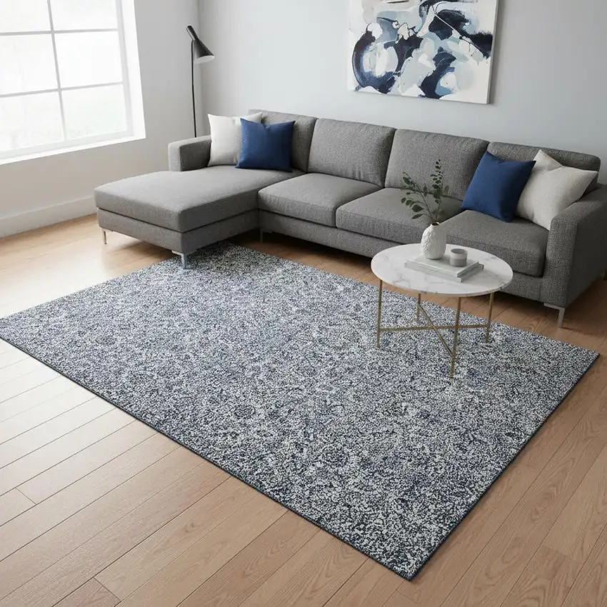 Blue And Gray Floral Washable Area Rug With UV Protection Photo 1