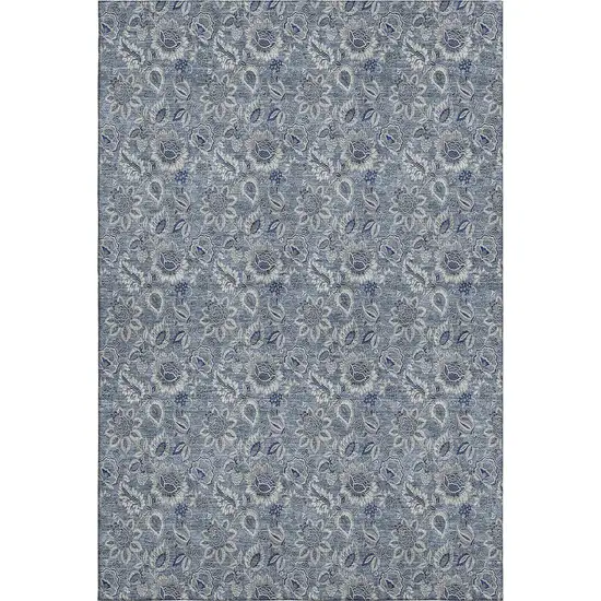 Blue And Gray Floral Washable Area Rug With UV Protection Photo 2