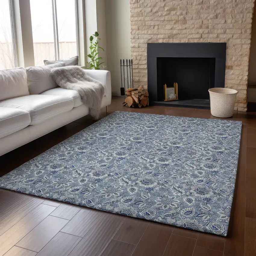 Blue And Gray Floral Washable Area Rug With UV Protection Photo 4