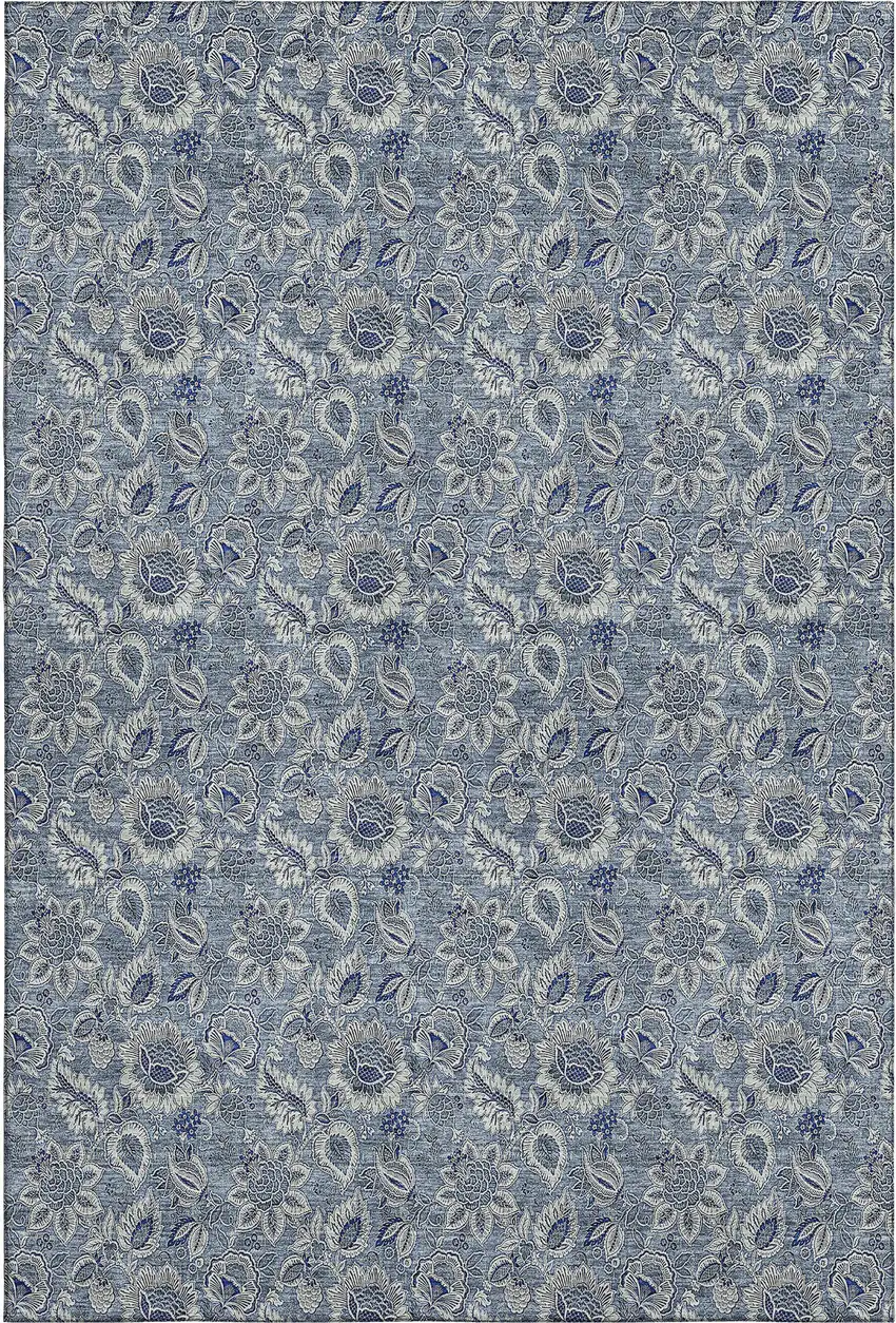 Blue And Gray Floral Washable Area Rug With UV Protection Photo 2