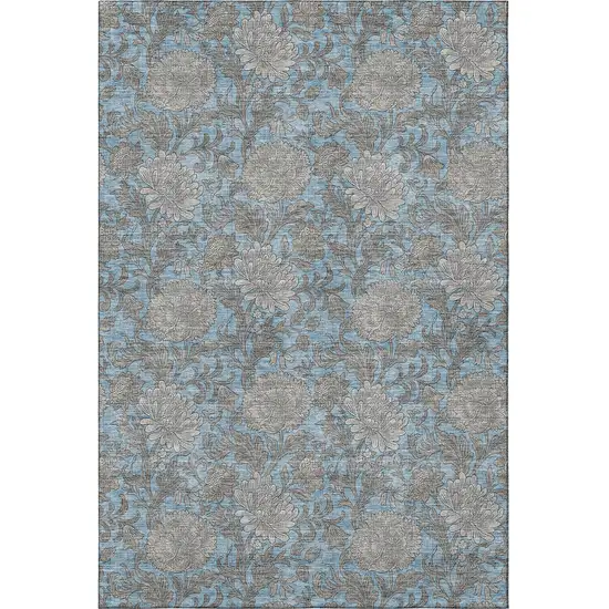 Blue And Gray Floral Washable Area Rug With UV Protection Photo 3
