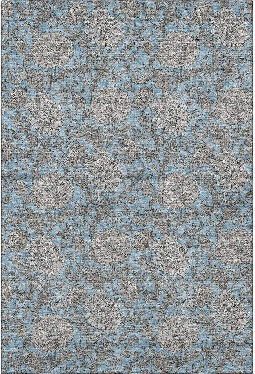 Blue And Gray Floral Washable Area Rug With UV Protection Photo 3