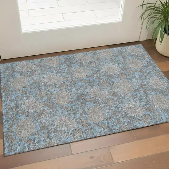 Blue And Gray Floral Washable Area Rug With UV Protection Photo 1