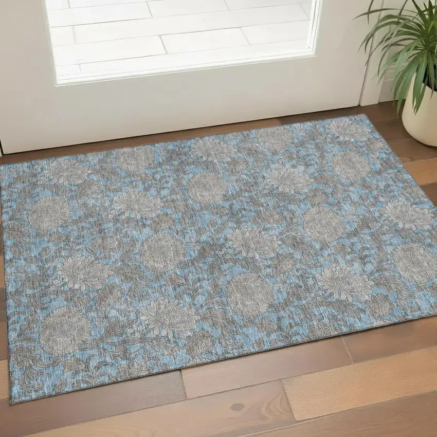 Blue And Gray Floral Washable Area Rug With UV Protection Photo 1