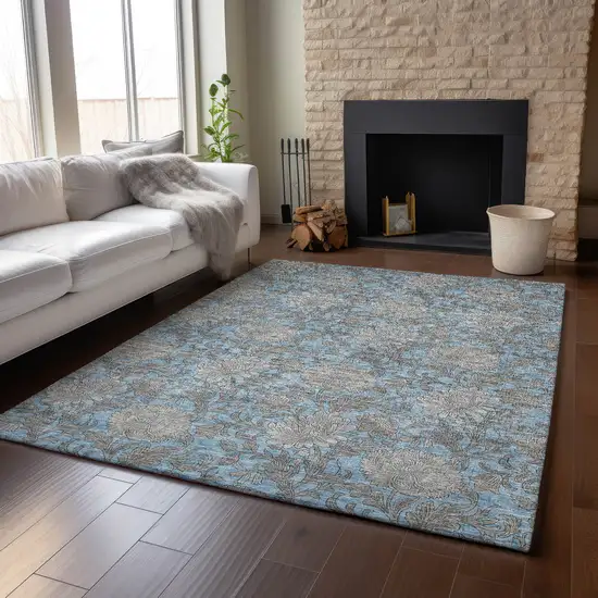 Blue And Gray Floral Washable Area Rug With UV Protection Photo 5
