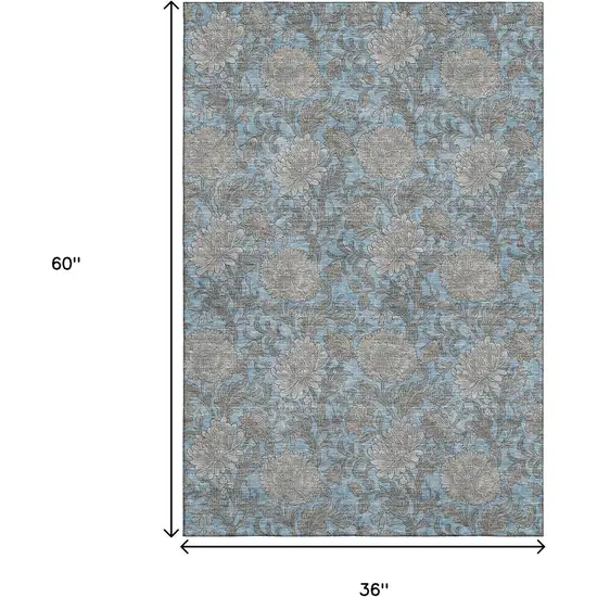 Blue And Gray Floral Washable Area Rug With UV Protection Photo 3