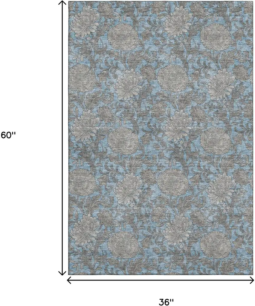Blue And Gray Floral Washable Area Rug With UV Protection Photo 3