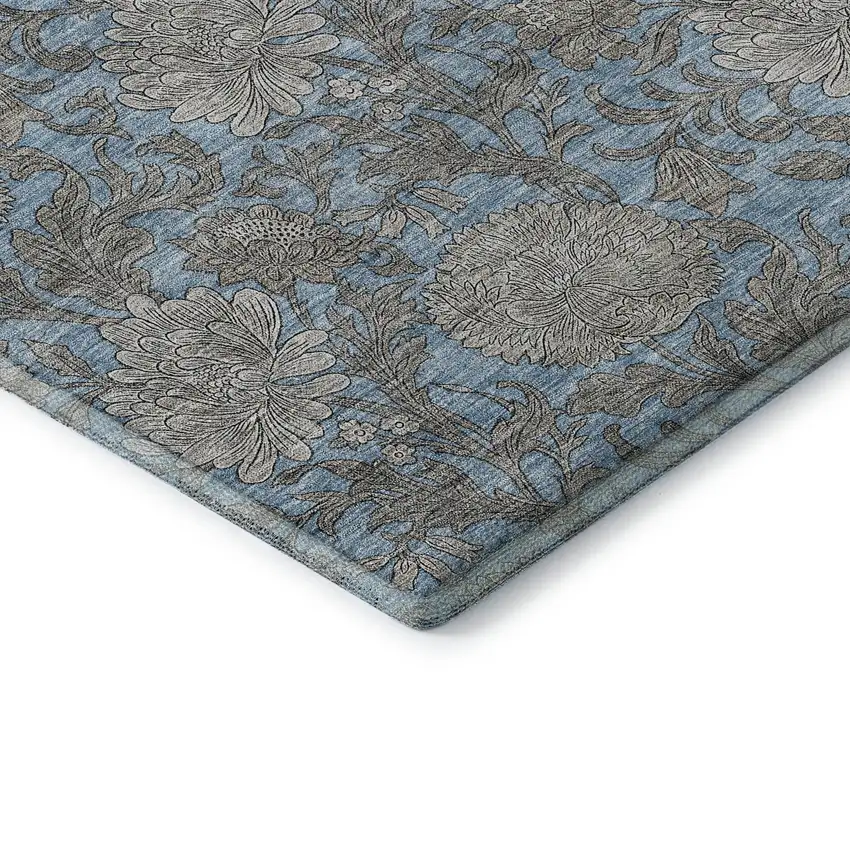 Blue And Gray Floral Washable Area Rug With UV Protection Photo 7