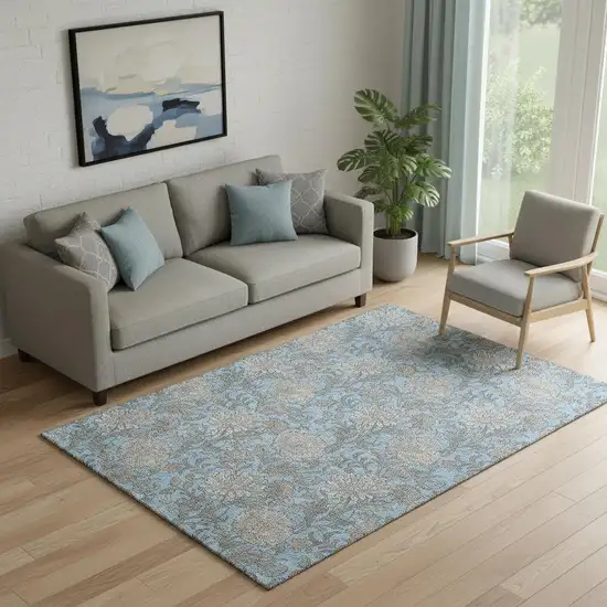 Blue And Gray Floral Washable Area Rug With UV Protection Photo 1