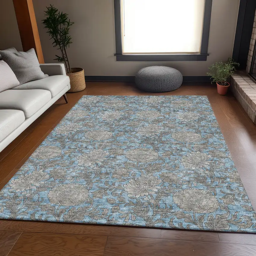 Blue And Gray Floral Washable Area Rug With UV Protection Photo 4