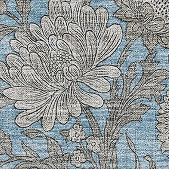 Blue And Gray Floral Washable Area Rug With UV Protection Photo 2