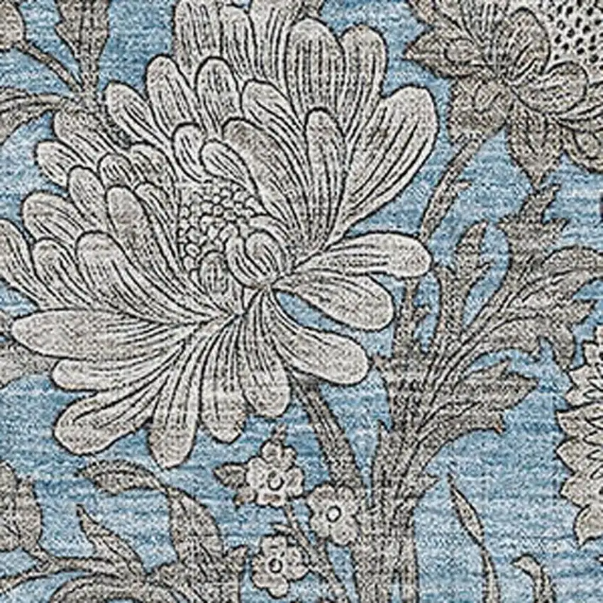 Blue And Gray Floral Washable Area Rug With UV Protection Photo 2