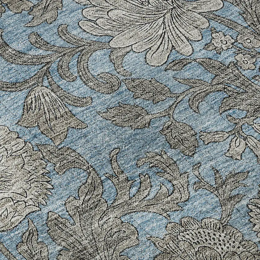 Blue And Gray Floral Washable Area Rug With UV Protection Photo 9