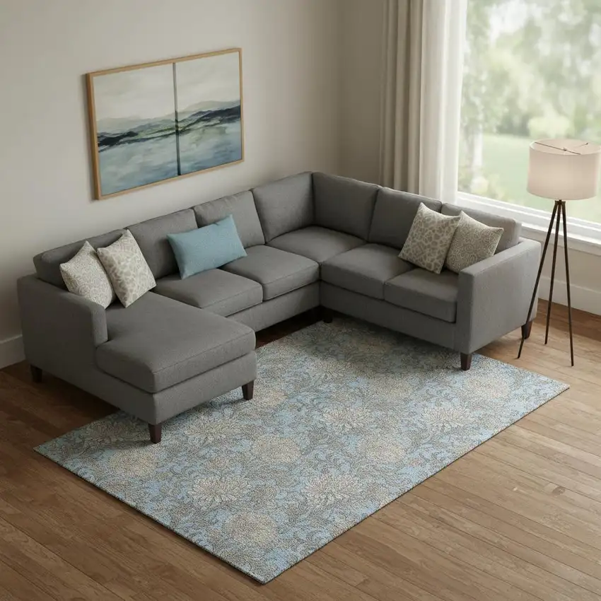 Blue And Gray Floral Washable Area Rug With UV Protection Photo 1