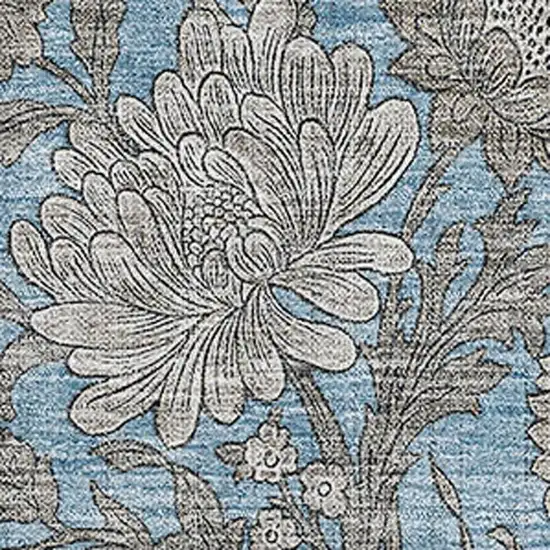 Blue And Gray Floral Washable Area Rug With UV Protection Photo 2