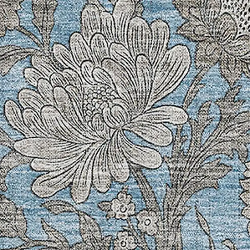 Blue And Gray Floral Washable Area Rug With UV Protection Photo 2