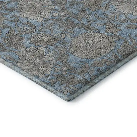 Blue And Gray Floral Washable Area Rug With UV Protection Photo 7