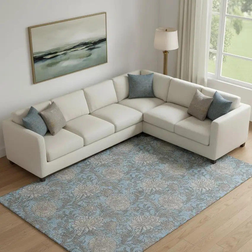 Blue And Gray Floral Washable Area Rug With UV Protection Photo 1