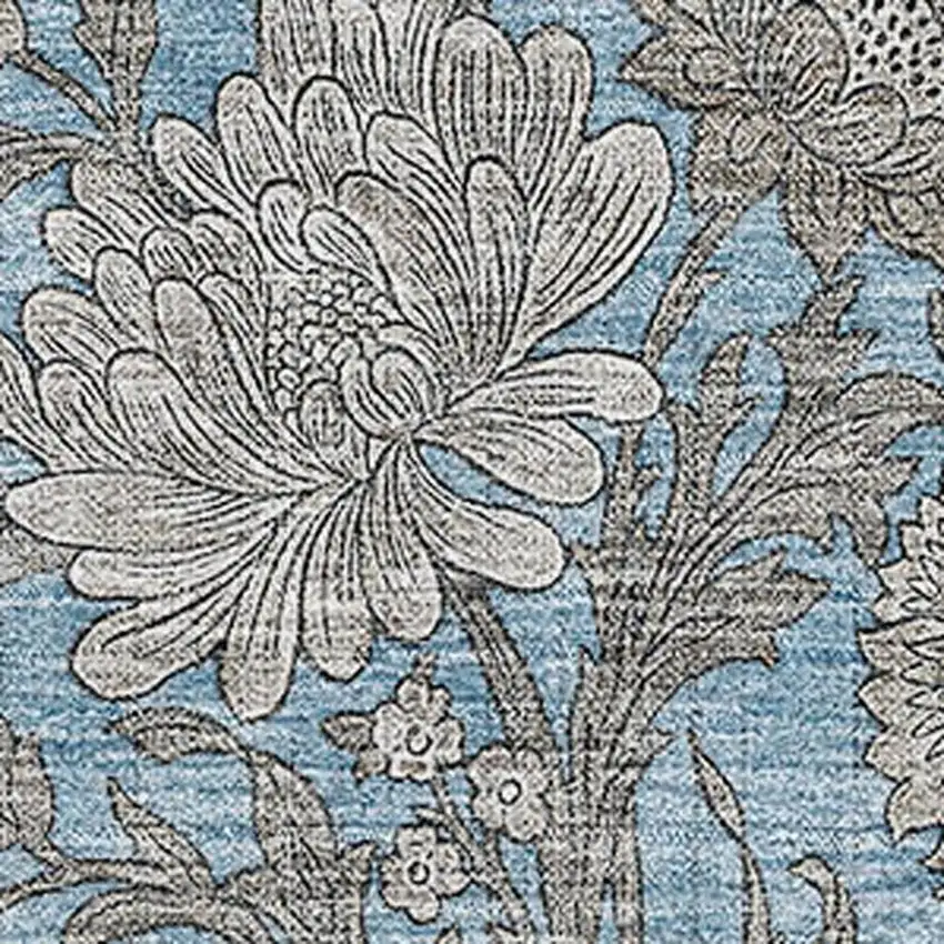 Blue And Gray Floral Washable Area Rug With UV Protection Photo 2