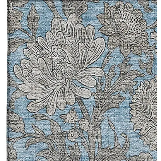 Blue And Gray Floral Washable Area Rug With UV Protection Photo 3