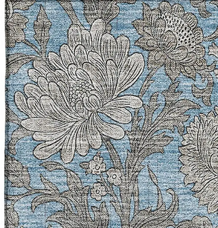 Blue And Gray Floral Washable Area Rug With UV Protection Photo 3