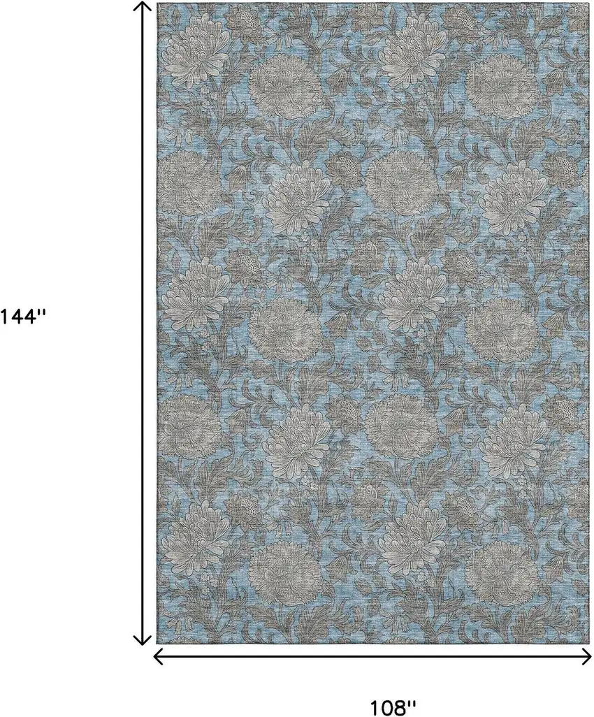 Blue And Gray Floral Washable Area Rug With UV Protection Photo 3