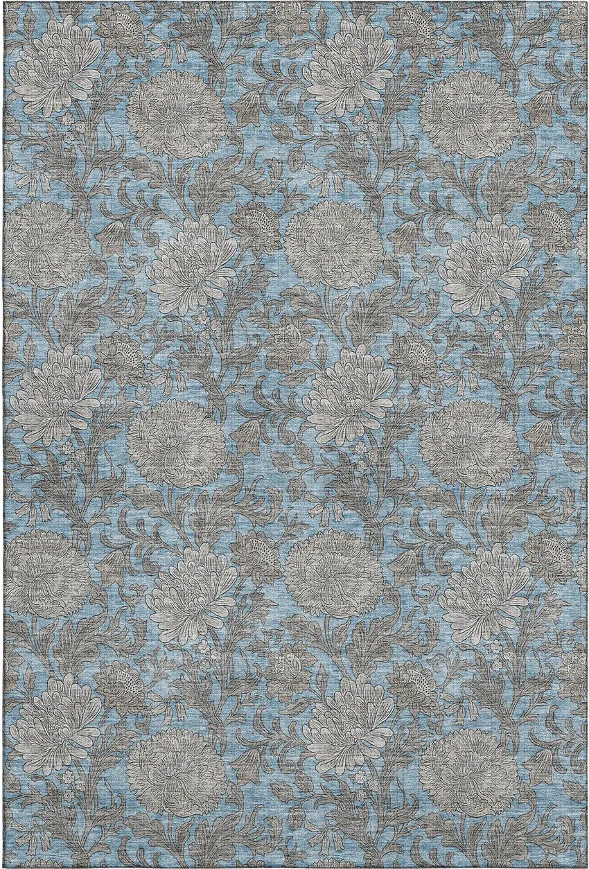 Blue And Gray Floral Washable Area Rug With UV Protection Photo 1