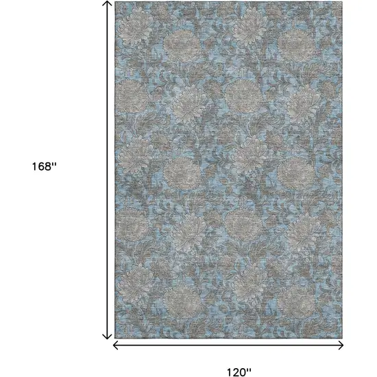 Blue And Gray Floral Washable Area Rug With UV Protection Photo 3