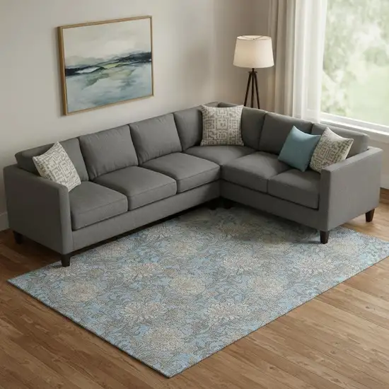 Blue And Gray Floral Washable Area Rug With UV Protection Photo 1