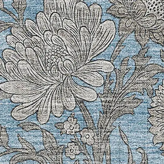 Blue And Gray Floral Washable Area Rug With UV Protection Photo 2