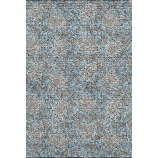 Blue And Gray Floral Washable Area Rug With UV Protection Photo 1