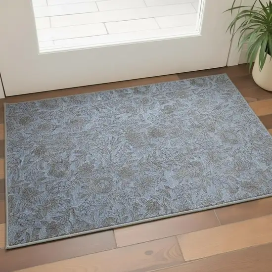 Blue And Gray Floral Washable Area Rug With UV Protection Photo 2
