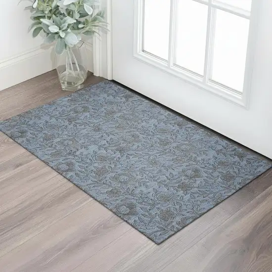 Blue And Gray Floral Washable Area Rug With UV Protection Photo 1