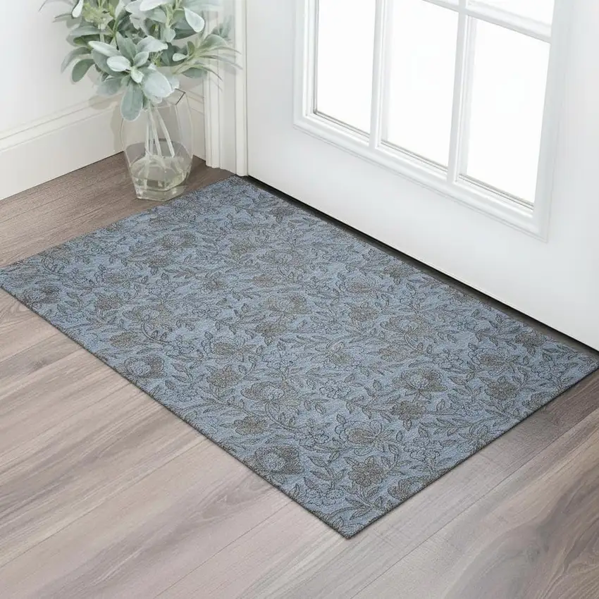 Blue And Gray Floral Washable Area Rug With UV Protection Photo 1