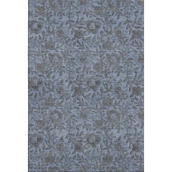 Blue And Gray Floral Washable Area Rug With UV Protection Photo 1