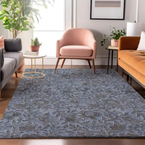 Blue And Gray Floral Washable Area Rug With UV Protection Photo 5