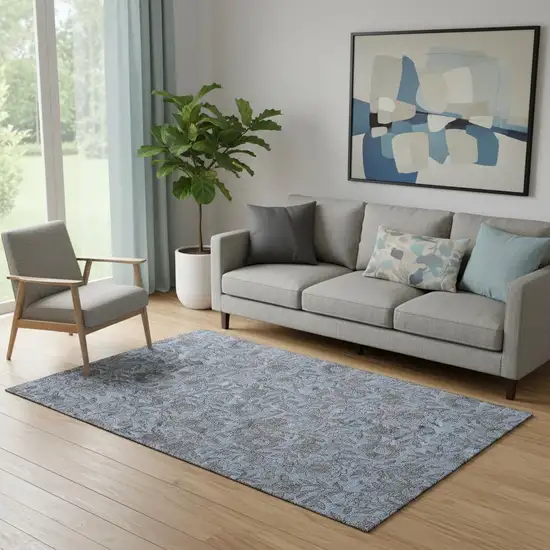 Blue And Gray Floral Washable Area Rug With UV Protection Photo 1