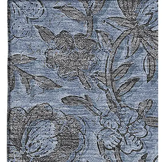 Blue And Gray Floral Washable Area Rug With UV Protection Photo 4
