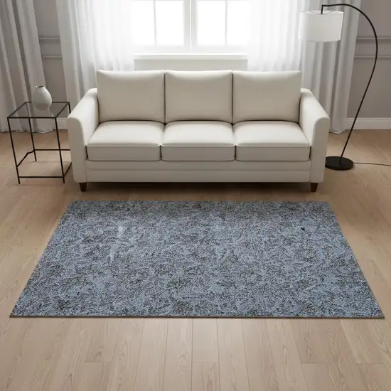 Blue And Gray Floral Washable Area Rug With UV Protection Photo 2