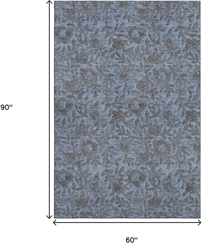 Blue And Gray Floral Washable Area Rug With UV Protection Photo 3