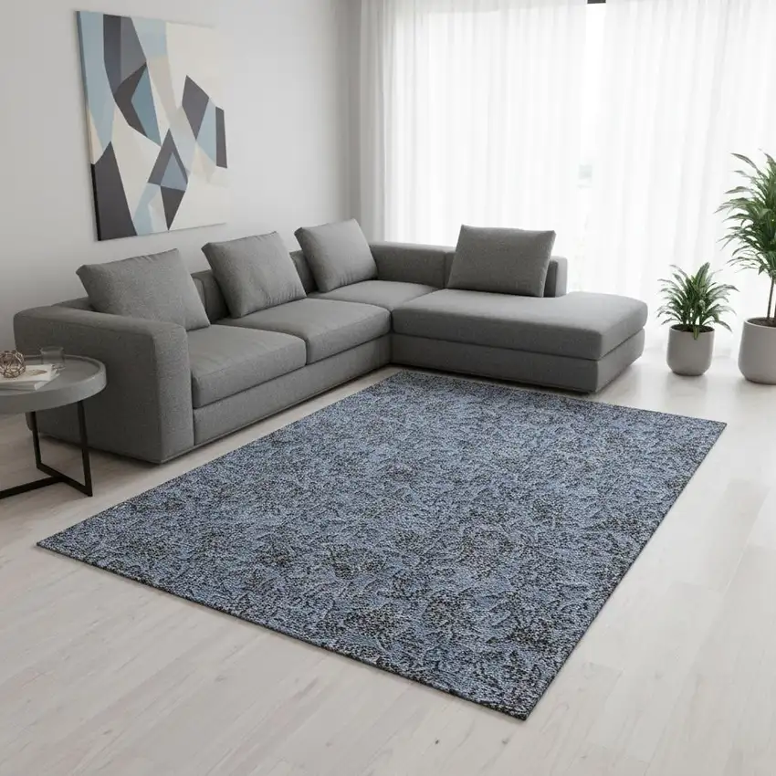 Blue And Gray Floral Washable Area Rug With UV Protection Photo 2