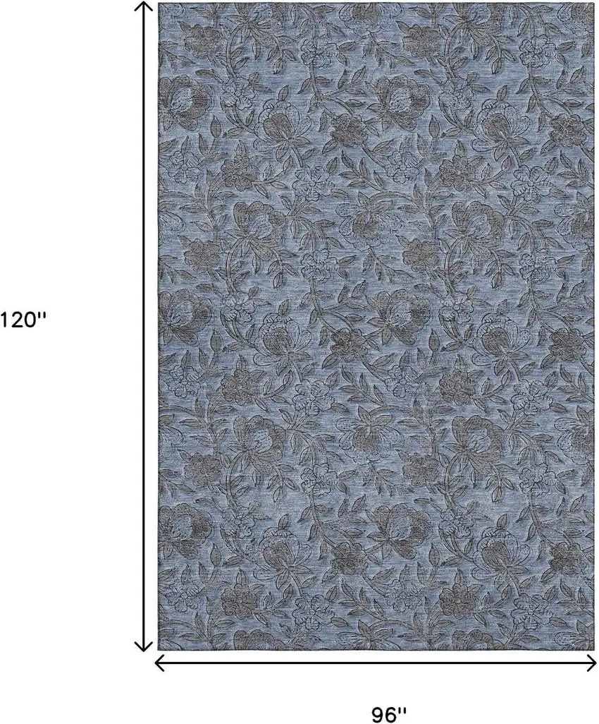 Blue And Gray Floral Washable Area Rug With UV Protection Photo 3