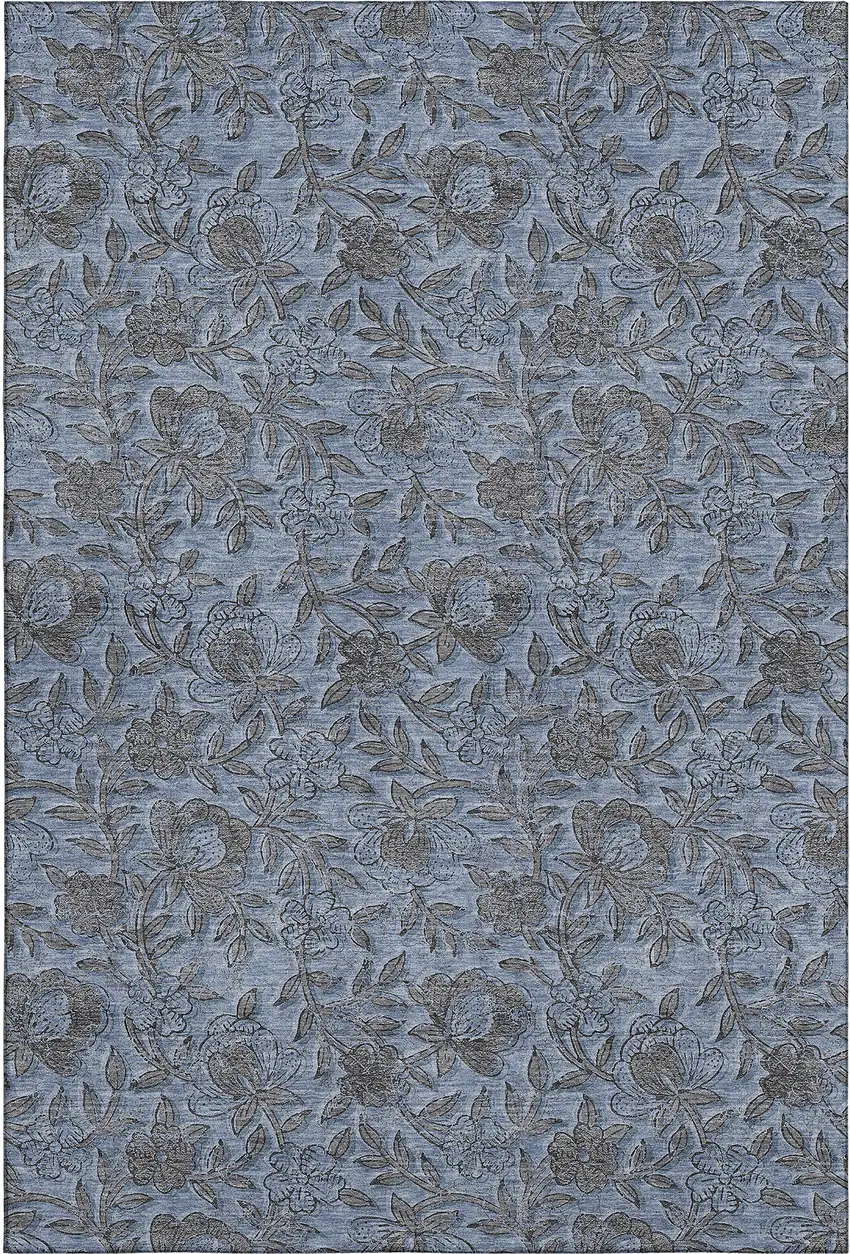 Blue And Gray Floral Washable Area Rug With UV Protection Photo 1