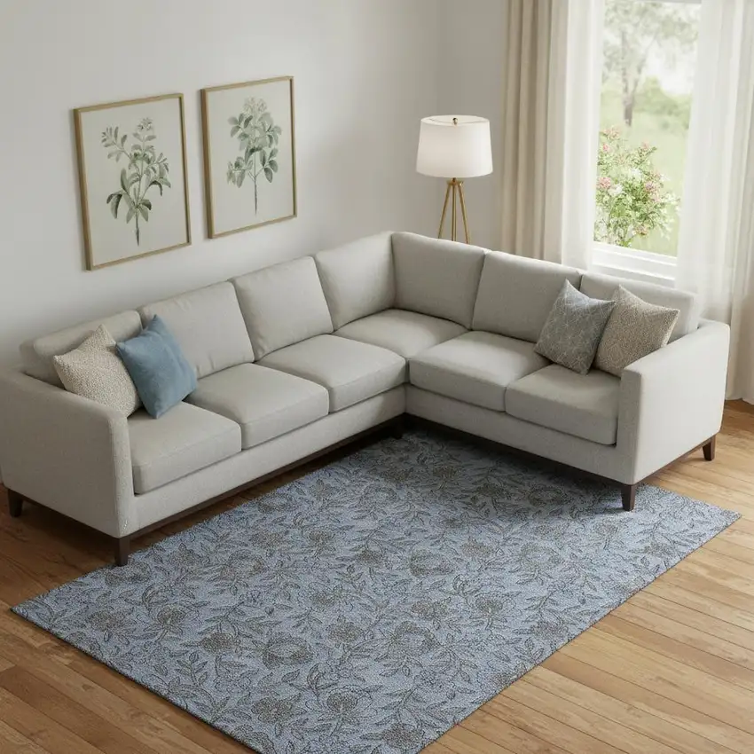 Blue And Gray Floral Washable Area Rug With UV Protection Photo 1