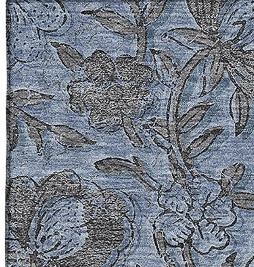 Blue And Gray Floral Washable Area Rug With UV Protection Photo 4