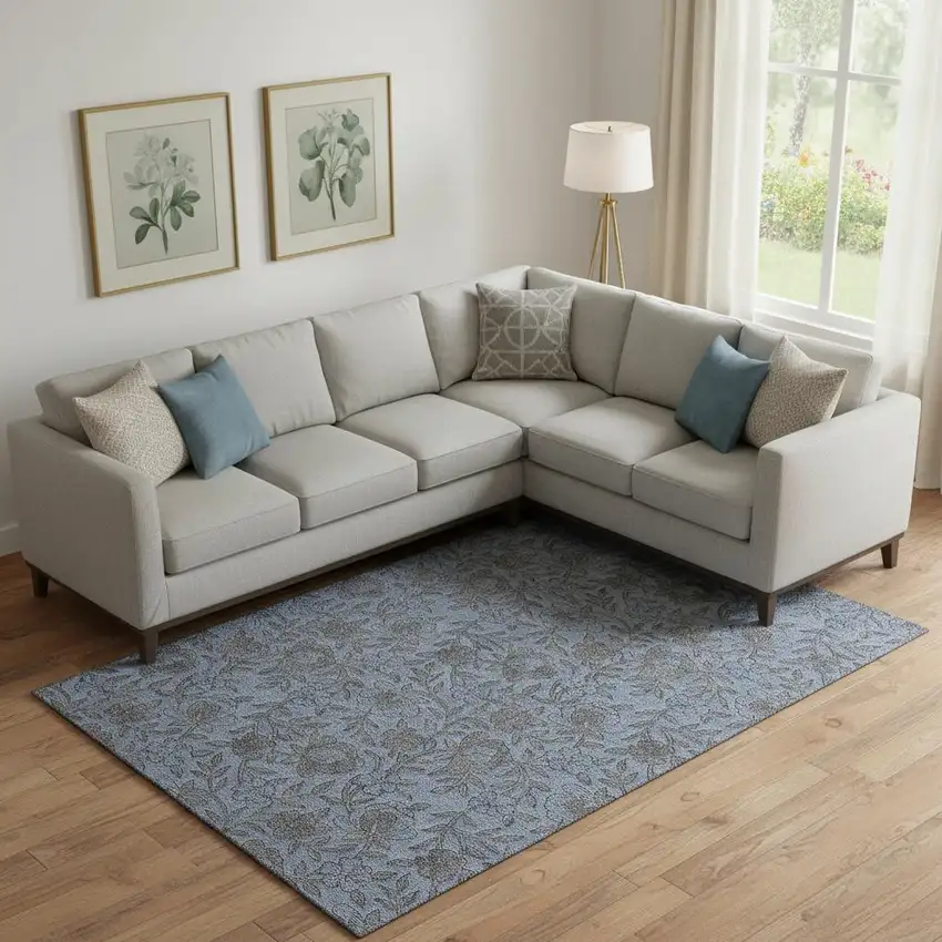 Blue And Gray Floral Washable Area Rug With UV Protection Photo 1