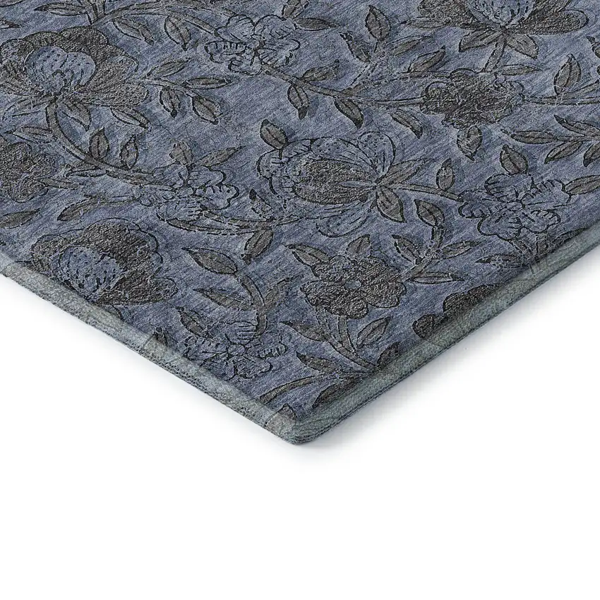 Blue And Gray Floral Washable Area Rug With UV Protection Photo 8