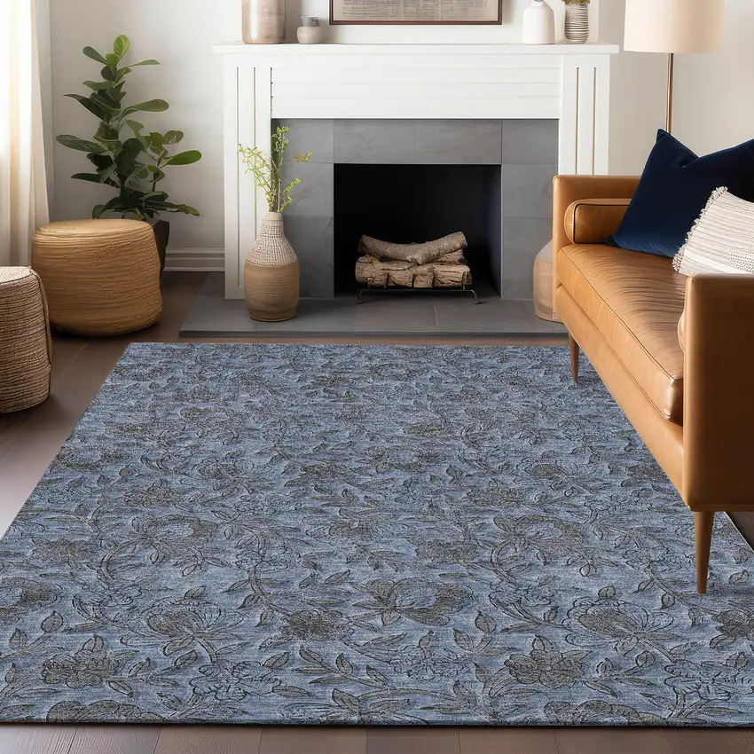 Blue And Gray Floral Washable Area Rug With UV Protection Photo 6