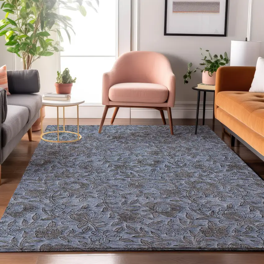 Blue And Gray Floral Washable Area Rug With UV Protection Photo 5