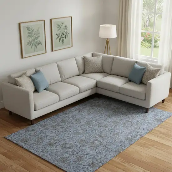 Blue And Gray Floral Washable Area Rug With UV Protection Photo 1